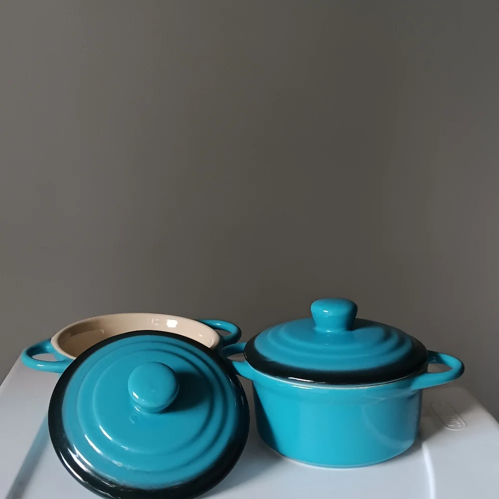 Pair of Ceramic Bowls with Lids & Handles Aqua Blue White 4.5